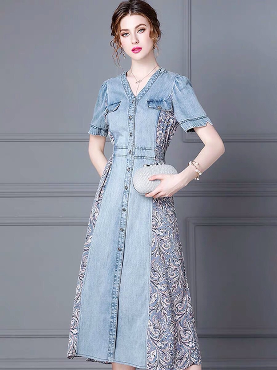 Đầm Jean Phối Thổ Cẩm Dáng Dài - HN912